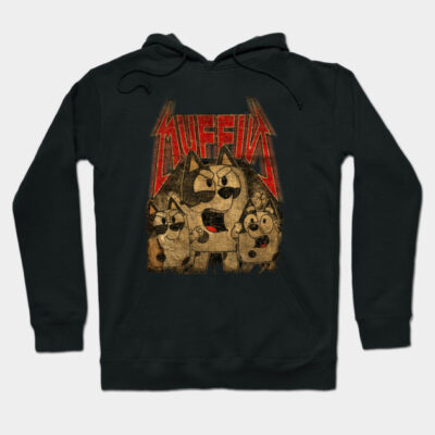 Black hoodie with vintage-style cartoon dog print, bold red text, casual wear, cozy cotton blend material.