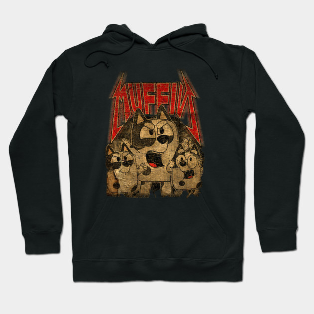 Black hoodie with vintage-style cartoon dog print, bold red text, casual wear, cozy cotton blend material.