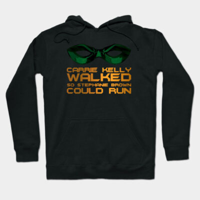 Black hoodie with graphic and text design, featuring green and orange colors, casual style, cotton material.