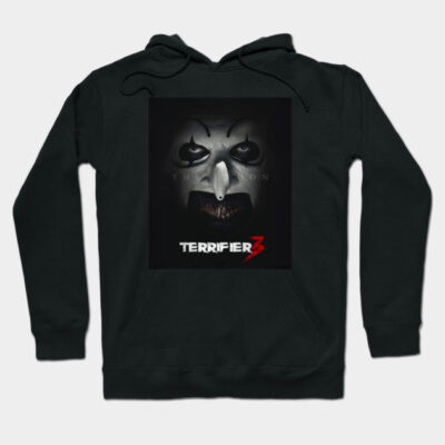 Black "Terrifier 3" hoodie featuring a horror-themed graphic design, perfect for fans of suspense and thriller genres.