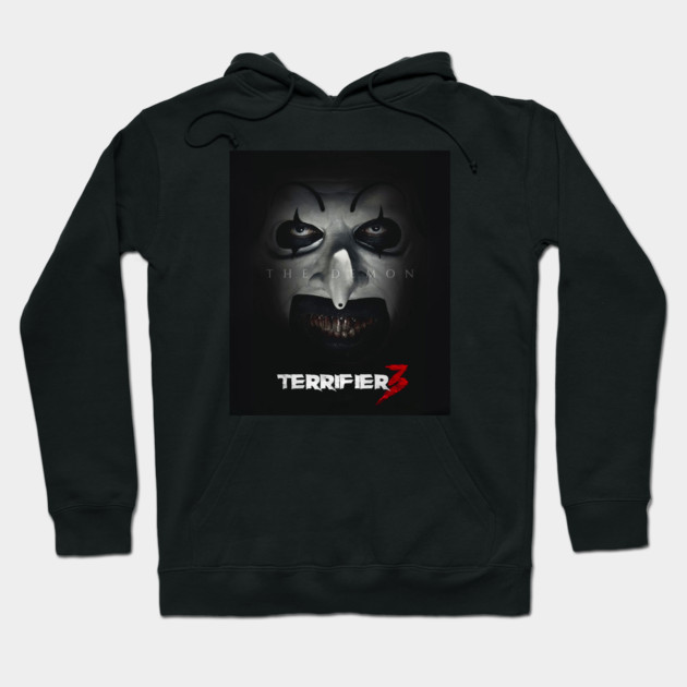 Black "Terrifier 3" hoodie featuring a horror-themed graphic design, perfect for fans of suspense and thriller genres.