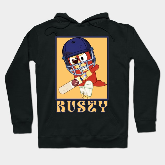 Black hoodie with cartoon cricket player graphic and "Rusty" text, perfect for sports fans, cotton blend material.