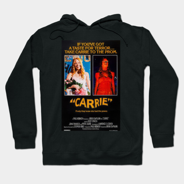 Black "Carrie" movie poster hoodie, featuring iconic horror design, perfect for fans, soft cotton blend, unisex style.