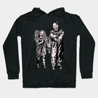 Black graphic hoodie featuring spooky clown and zombie girl illustration, perfect for Halloween or casual wear. Cotton blend.