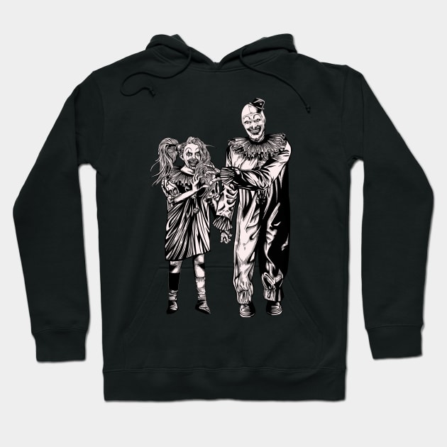 Black graphic hoodie featuring spooky clown and zombie girl illustration, perfect for Halloween or casual wear. Cotton blend.