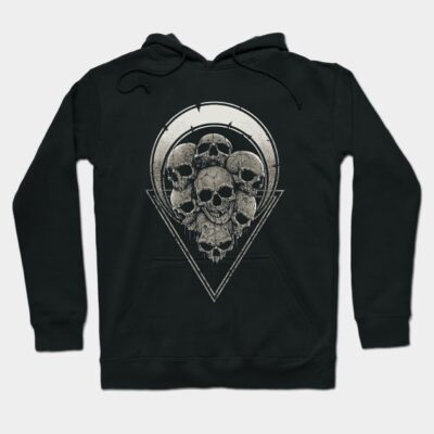 Black hoodie with skull graphic design, featuring drawstrings and a front pocket, perfect for casual wear.