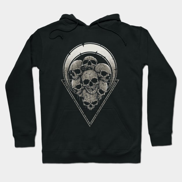 Black hoodie with skull graphic design, featuring drawstrings and a front pocket, perfect for casual wear.