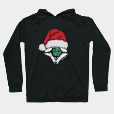 Black hoodie with graphic design featuring a festive Santa hat on a futuristic object, perfect for casual wear.