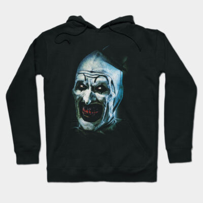 Black hoodie with a creepy clown face graphic, cotton material, unisex, perfect for casual wear or Halloween events.