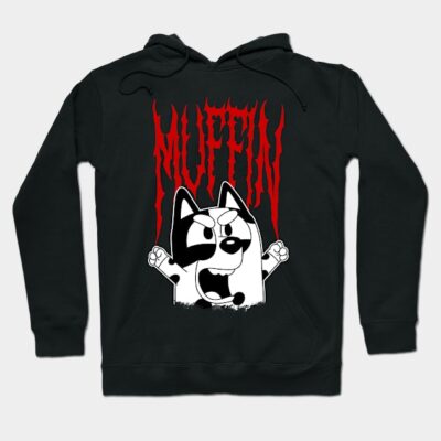 Black hoodie with bold red "Muffin" text and cartoon dog graphic, perfect for casual wear, cozy cotton material.