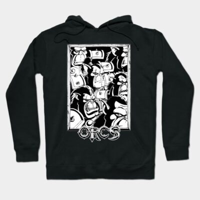 Black hoodie featuring bold graphic orc design, casual style, ideal for cool weather, cotton blend material.
