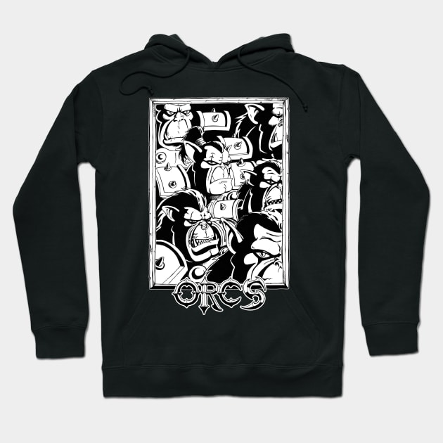 Black hoodie featuring bold graphic orc design, casual style, ideal for cool weather, cotton blend material.
