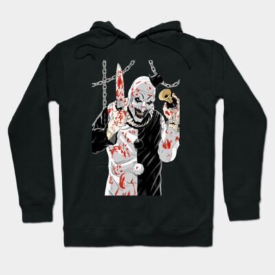 Black hoodie with eerie clown graphic, knife and chains design, perfect for Halloween or horror-themed events.