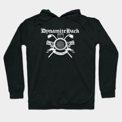 Black hoodie with white graphic design, featuring text and crossed elements. Casual wear, soft fabric, unisex style.