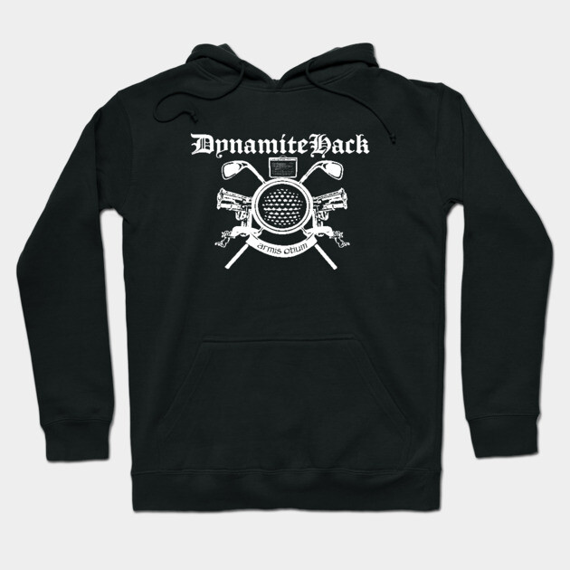 Black hoodie with white graphic design, featuring text and crossed elements. Casual wear, soft fabric, unisex style.