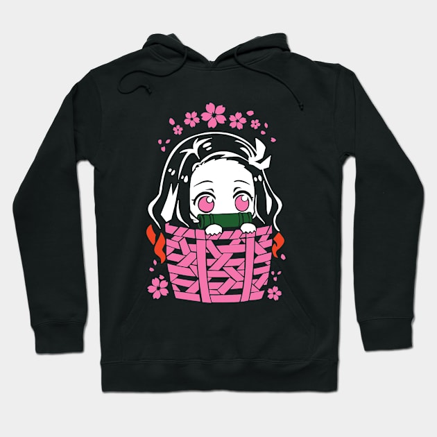 Black anime-themed hoodie featuring pink floral and basket design, perfect for casual wear and fans of Japanese animation.