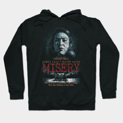 Black "Misery" hoodie with graphic print, cozy cotton blend, unisex casual wear, perfect for fans of thriller themes.