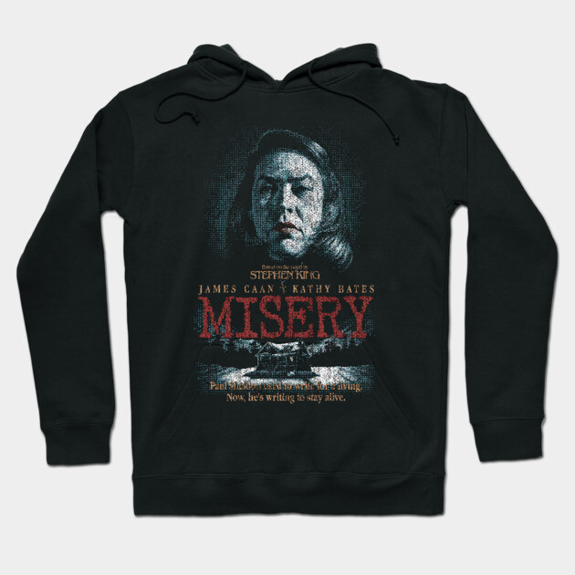 Black "Misery" hoodie with graphic print, cozy cotton blend, unisex casual wear, perfect for fans of thriller themes.