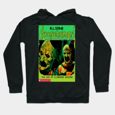 Black Goosebumps hoodie featuring creepy clown design, perfect for horror fans. Cozy and stylish for casual wear.