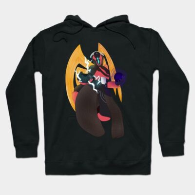 Black hoodie with colorful graphic design, featuring abstract character, casual style, cotton blend fabric.