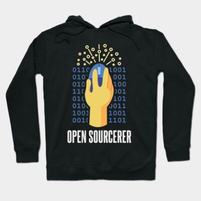 Black hoodie with "Open Sourcerer" graphic, featuring a hand and binary code design. Perfect for tech enthusiasts.