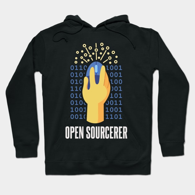 Black hoodie with "Open Sourcerer" graphic, featuring a hand and binary code design. Perfect for tech enthusiasts.