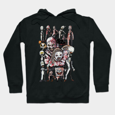 Black hoodie with colorful character collage design, casual style, cotton blend, perfect for cool weather comfort.