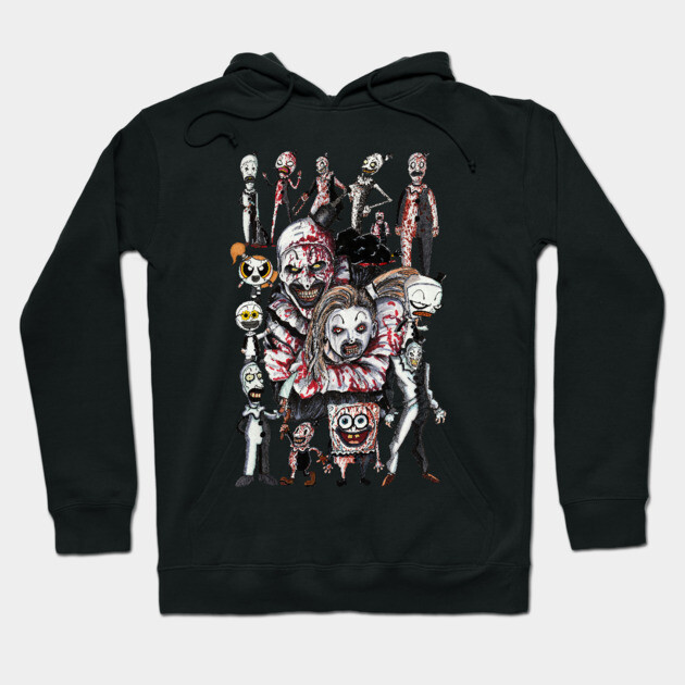 Black hoodie with colorful character collage design, casual style, cotton blend, perfect for cool weather comfort.