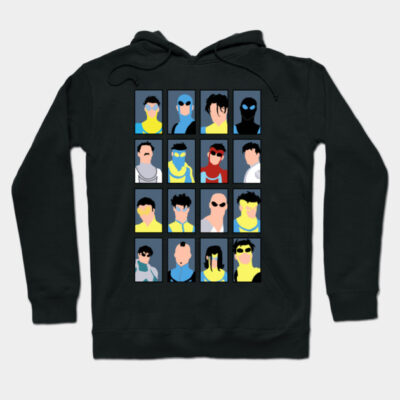 Black hoodie with colorful abstract graphic design, featuring multiple character silhouettes, casual wear, cotton blend.