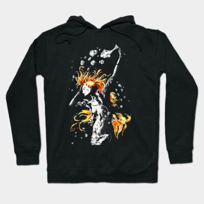 Black hoodie with vibrant orange and yellow graphic, featuring a fantasy design. Comfortable cotton blend, casual wear.