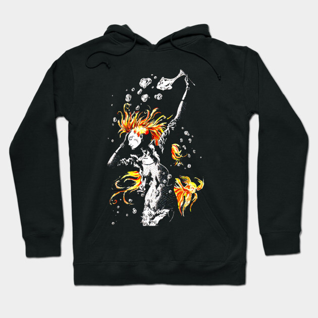 Black hoodie with vibrant orange and yellow graphic, featuring a fantasy design. Comfortable cotton blend, casual wear.