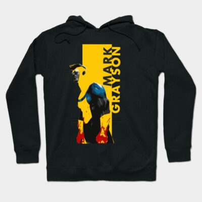 Black cotton hoodie with vibrant graphic design and bold yellow and blue colors, ideal for casual wear.