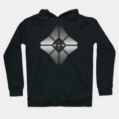 Black hoodie with geometric silver design, featuring a front pocket and drawstring hood, perfect for casual wear.