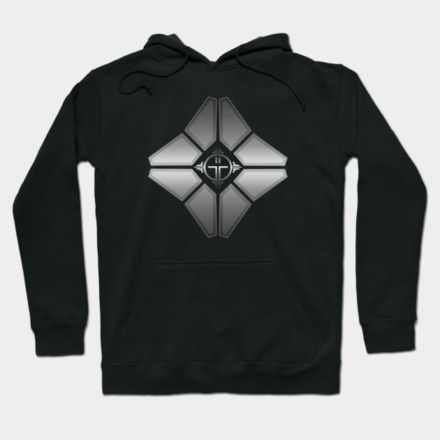 Black hoodie with geometric silver design, featuring a front pocket and drawstring hood, perfect for casual wear.