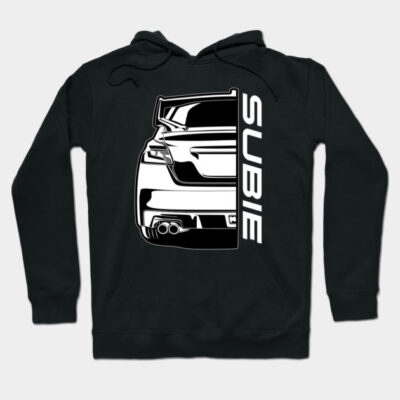 Black hoodie with car illustration and "Subie" text, casual wear, cotton blend, automotive enthusiast design.