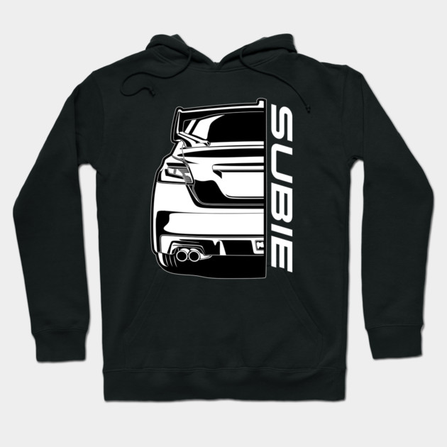 Black hoodie with car illustration and "Subie" text, casual wear, cotton blend, automotive enthusiast design.
