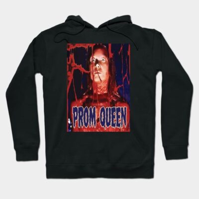 Black "Prom Queen" horror graphic hoodie, featuring bold red and blue design, perfect for casual wear and Halloween events.