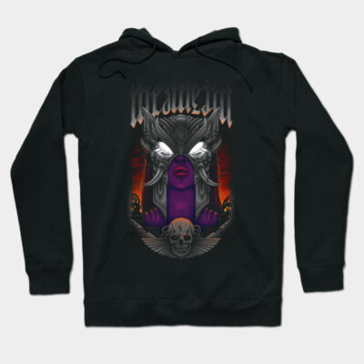 Black hoodie with gothic design, featuring a skull and warrior illustration. Perfect for casual wear. Cotton material.