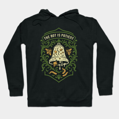 Black hoodie with artistic mushroom and insect design, featuring text "The Rot is Patient," casual style, cotton material.