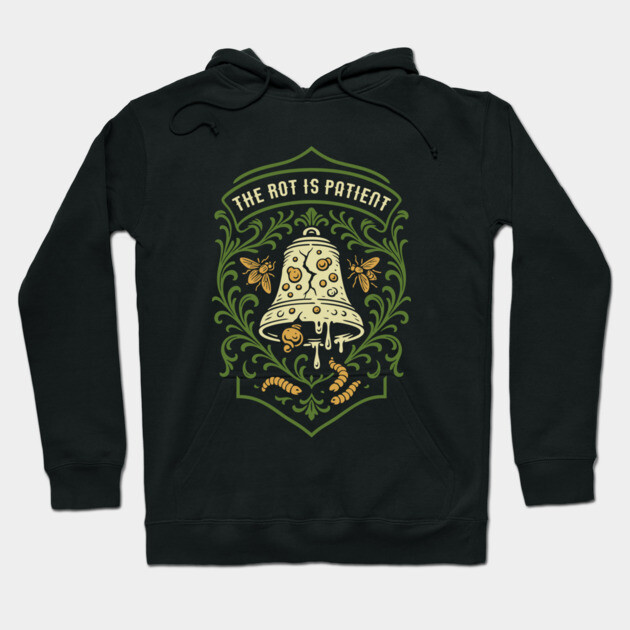 Black hoodie with artistic mushroom and insect design, featuring text "The Rot is Patient," casual style, cotton material.