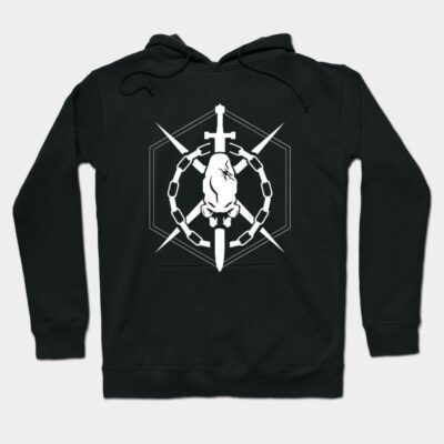 Black pullover hoodie with bold geometric and sword graphic design, ideal for casual wear, cotton blend material.