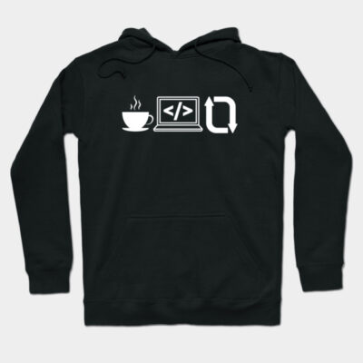 Black hoodie with white coding symbols, perfect for developers. Comfortable cotton material, casual style.