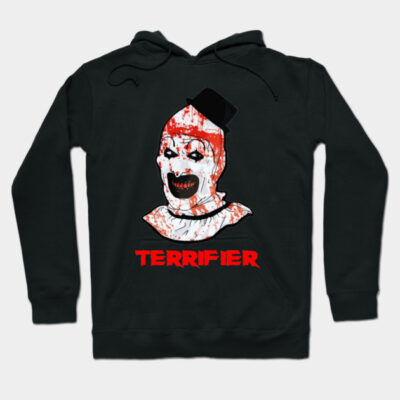 Black horror-themed hoodie with clown design and "Terrifier" text, ideal for Halloween, made of soft cotton blend.
