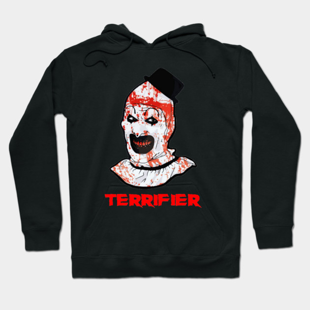 Black horror-themed hoodie with clown design and "Terrifier" text, ideal for Halloween, made of soft cotton blend.