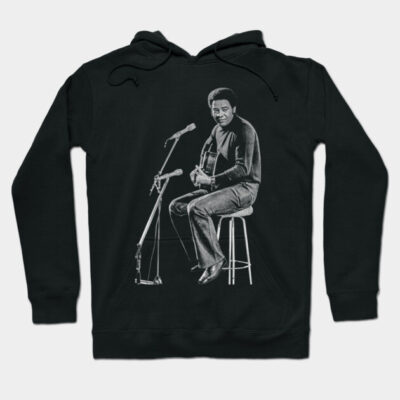Black hoodie featuring a musician graphic print, made of cotton, perfect for casual wear and music lovers.