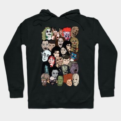 Black hoodie with colorful horror character illustrations, casual style, cotton material, ideal for Halloween wear.
