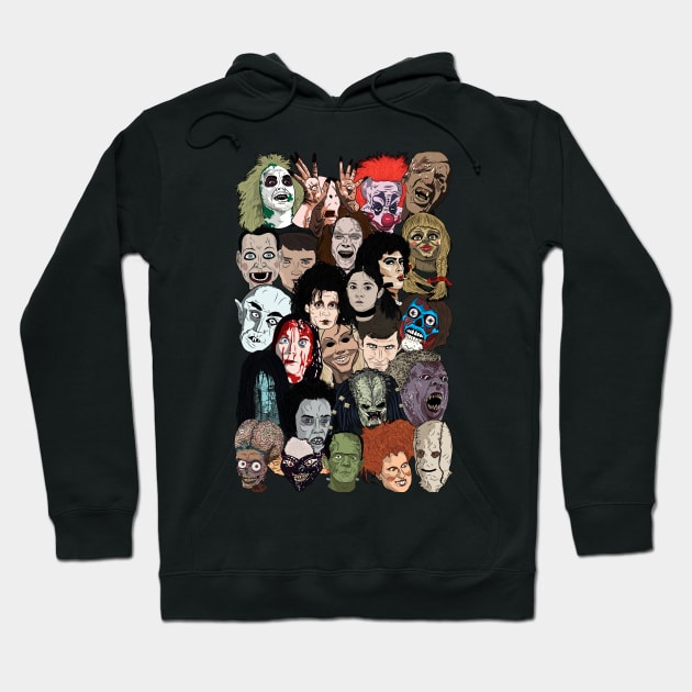Black hoodie with colorful horror character illustrations, casual style, cotton material, ideal for Halloween wear.