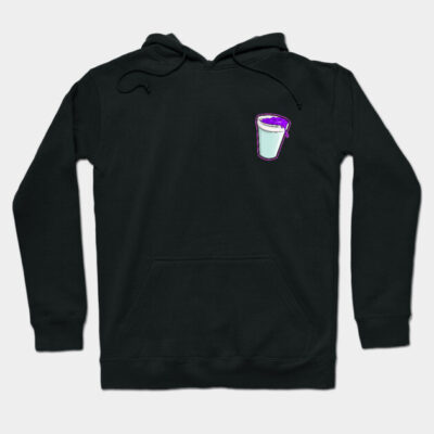Black hoodie with a graphic cup design on front, featuring drawstrings and a kangaroo pocket, casual wear.