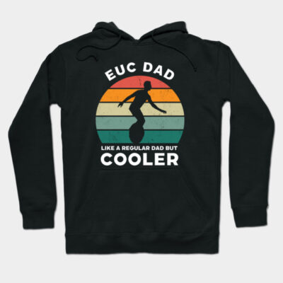 Black "EUC Dad" hoodie with retro design, perfect for casual wear. Cozy, stylish, and ideal for electric unicycle enthusiasts.