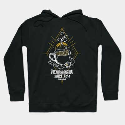 Black hoodie featuring a teacup graphic with "Teabaggin' Since 2014" text, casual style, cotton blend material.